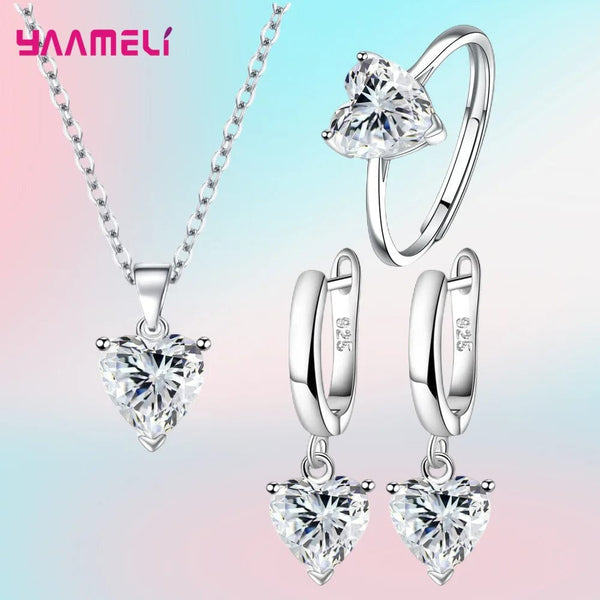 Planet Gates White Fine 925 Sterling Silver Color Jewelry Gift Sets for Women Female Romantic Heart Zircon Huggie Earrings Pendant Necklace Ring