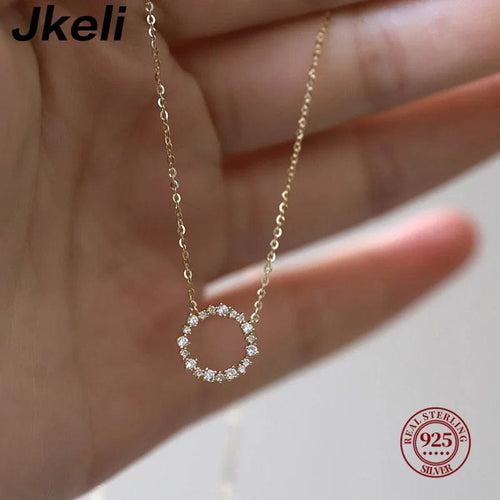 Planet Gates White gold / 45cm Jkeli -100% S925 Sterling Silver Plated 18K Gold Necklace with Full Diamond Circle Style Japanese and Korean K Gold Collar Chain