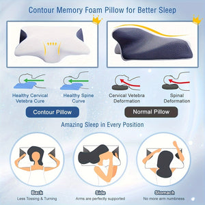 Planet Gates White Grey 1pc Cervical Memory Foam Pillow For Neck Relax, Ergonomic Orthopedic Neck Support Pillow For Side, Back And Stomach Sleepers With Breathable Pillowcase