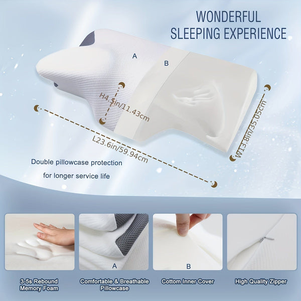 Planet Gates White Grey 1pc Cervical Memory Foam Pillow For Neck Relax, Ergonomic Orthopedic Neck Support Pillow For Side, Back And Stomach Sleepers With Breathable Pillowcase