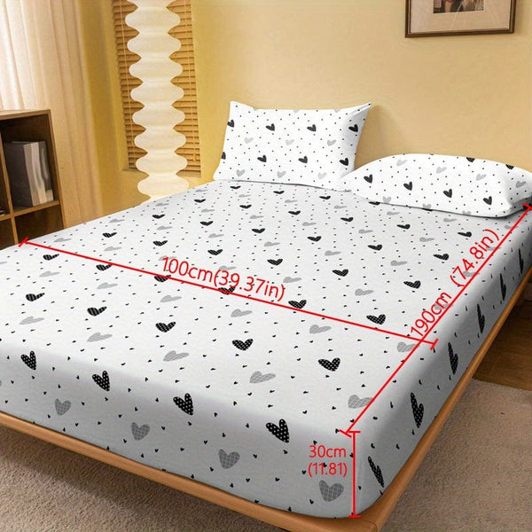 Planet Gates White Heart / 100cm*190cm 1pc Brushed Fitted Sheet, Soft Comfortable Heart Print Bedding Fitted Sheet, For Bedroom, Guest Room, With Deep Pocket, Fitted Bed Sheet Only, Without Pillowcase