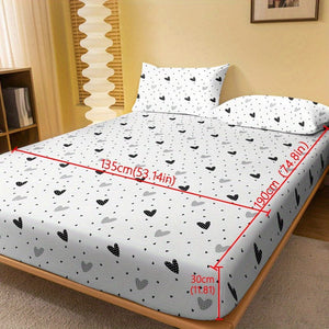 Planet Gates White Heart / 135cm*190cm 1pc Brushed Fitted Sheet, Soft Comfortable Heart Print Bedding Fitted Sheet, For Bedroom, Guest Room, With Deep Pocket, Fitted Bed Sheet Only, Without Pillowcase
