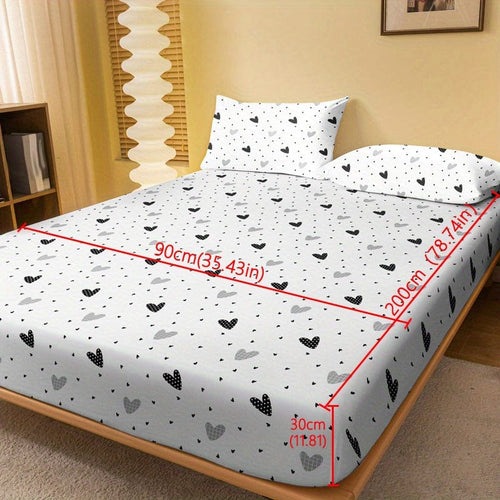 Planet Gates White Heart / 90cm*200cm 1pc Brushed Fitted Sheet, Soft Comfortable Heart Print Bedding Fitted Sheet, For Bedroom, Guest Room, With Deep Pocket, Fitted Bed Sheet Only, Without Pillowcase