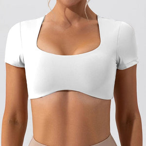 Planet Gates white / L bra86-92cm 2024 Fitness Bra Short Sleeve Simple Shockproof Sports Curved Hem Yoga Shirt Slim Fit Crop Top Run Gym Shirts Women Active Wear