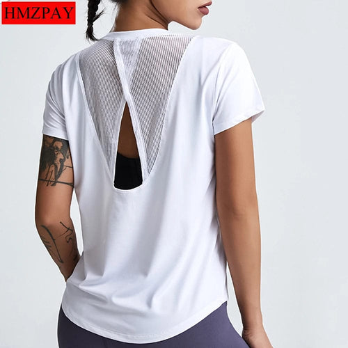 Planet Gates WHITE / L / CHINA Loose Yoga Clothes Tops Short-Sleeved Running Quick-Drying Clothes T-Shirts Short Sports Hollow Fitness Clothes Women's Blouses