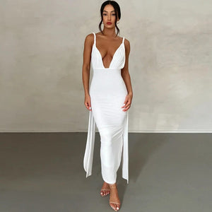 Planet Gates WHITE / L Deep V-Neck Backless Bodycon Dress Elegant Party Dresses For Women 2023 Summer Ruched Wrap Bandage Long Dress Black White