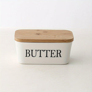 Planet Gates White (letter Without Knife) 1set Ceramic Butter Dish With Bamboo Lid And Knife, Large Butter Keeper Container For Counter, Airtight Butter Holder With Cover For Kitchen