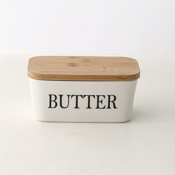 Planet Gates White (letter Without Knife) 1set Ceramic Butter Dish With Bamboo Lid And Knife, Large Butter Keeper Container For Counter, Airtight Butter Holder With Cover For Kitchen