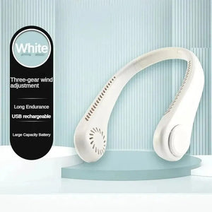Planet Gates WHITE New Mini Neck Fan Portable Bladeless Hanging Neck 1200mAh Rechargeable Air Cooler 3 Speed Mini Summer Sports Fans