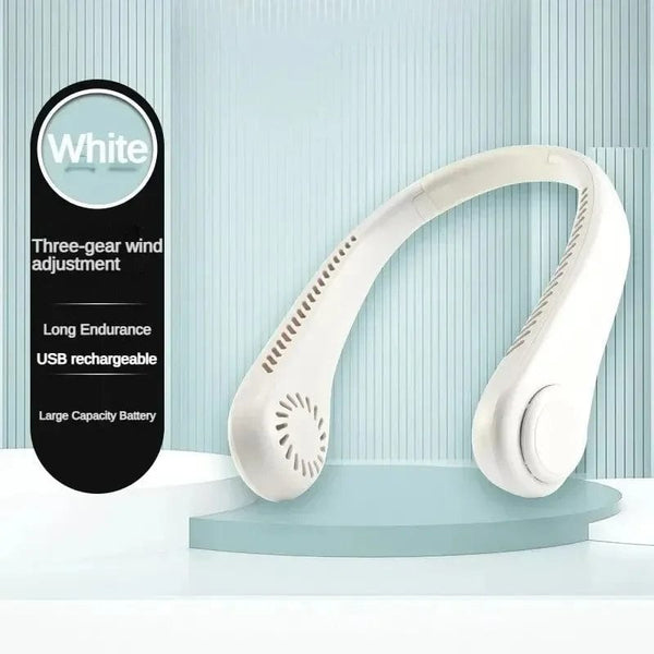 Planet Gates WHITE New Mini Neck Fan Portable Bladeless Hanging Neck 1200mAh Rechargeable Air Cooler 3 Speed Mini Summer Sports Fans