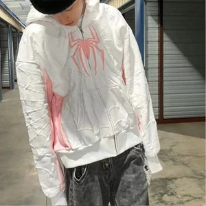 Planet Gates white / S New cross-border European and American style autumn and winter spider print patchwork cardigan zipper hooded sweatshirt