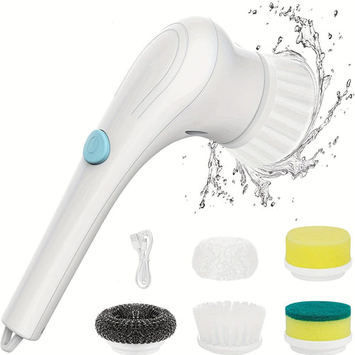 Planet Gates white Set, Electric Scrubber With 5 Replaceable Brush Heads, Portable Spin Scrubber, Cordless Handheld Cleaning Brush For Bathroom/Tub/Wall Tiles/ Floor/Kitchen