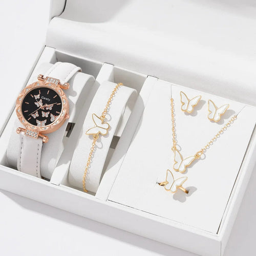 Planet Gates White Set (No Box) 6/1pcs Set Women Watch Ring Necklace Earrings Bracelet Set Watches Butterfly Leather Strap Ladies Quartz WristWatch (No Box)