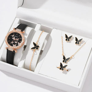 Planet Gates White Set (No Box) 6/1pcs Set Women Watch Ring Necklace Earrings Bracelet Set Watches Butterfly Leather Strap Ladies Quartz WristWatch (No Box)