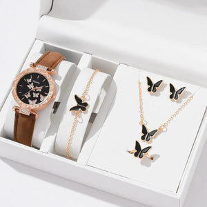 Planet Gates White Set (No Box) 6/1pcs Set Women Watch Ring Necklace Earrings Bracelet Set Watches Butterfly Leather Strap Ladies Quartz WristWatch (No Box)