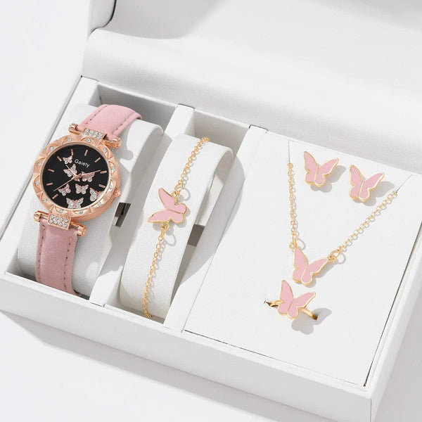 Planet Gates White Set (No Box) 6/1pcs Set Women Watch Ring Necklace Earrings Bracelet Set Watches Butterfly Leather Strap Ladies Quartz WristWatch (No Box)