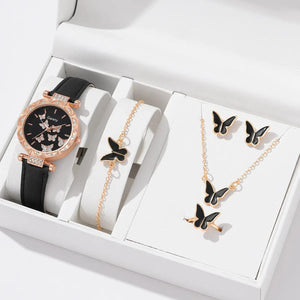 Planet Gates White Set (No Box) 6/1pcs Set Women Watch Ring Necklace Earrings Bracelet Set Watches Butterfly Leather Strap Ladies Quartz WristWatch (No Box)