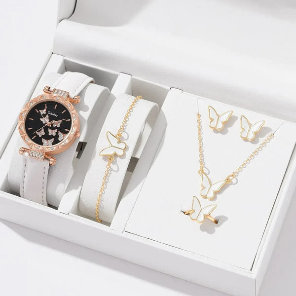 Planet Gates White Set (No Box) 6/1pcs Set Women Watch Ring Necklace Earrings Bracelet Set Watches Butterfly Leather Strap Ladies Quartz WristWatch (No Box)