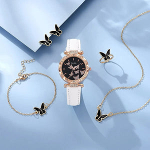 Planet Gates White Set (No Box) 6/1pcs Set Women Watch Ring Necklace Earrings Bracelet Set Watches Butterfly Leather Strap Ladies Quartz WristWatch (No Box)