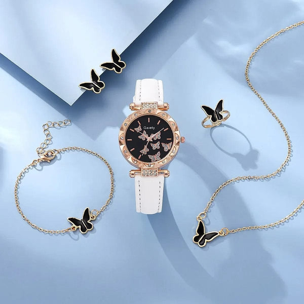 Planet Gates White Set (No Box) 6/1pcs Set Women Watch Ring Necklace Earrings Bracelet Set Watches Butterfly Leather Strap Ladies Quartz WristWatch (No Box)