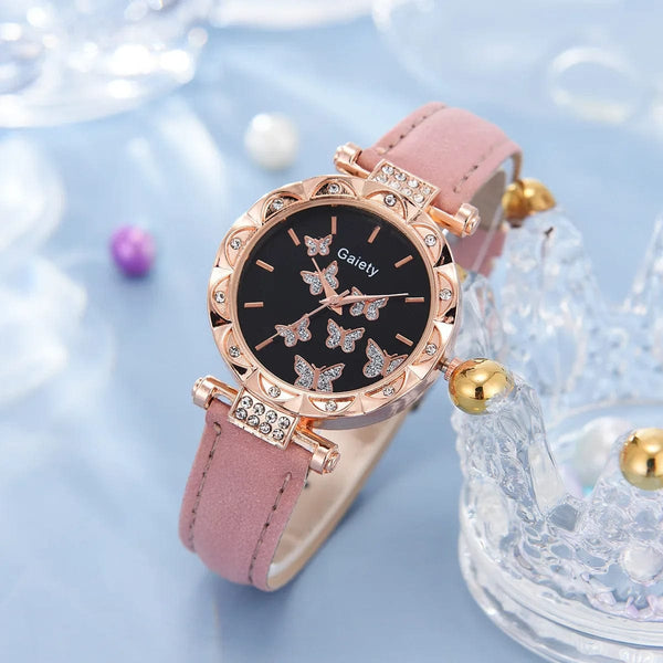 Planet Gates White Set (No Box) 6/1pcs Set Women Watch Ring Necklace Earrings Bracelet Set Watches Butterfly Leather Strap Ladies Quartz WristWatch (No Box)