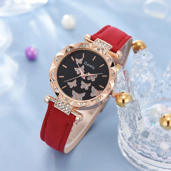 Planet Gates White Set (No Box) 6/1pcs Set Women Watch Ring Necklace Earrings Bracelet Set Watches Butterfly Leather Strap Ladies Quartz WristWatch (No Box)