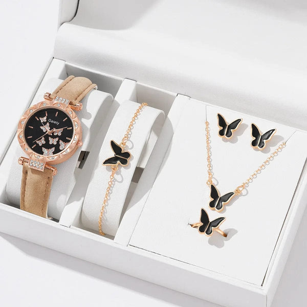 Planet Gates White Set (No Box) 6/1pcs Set Women Watch Ring Necklace Earrings Bracelet Set Watches Butterfly Leather Strap Ladies Quartz WristWatch (No Box)