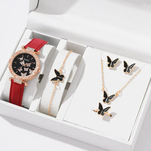 Planet Gates White Set (No Box) 6/1pcs Set Women Watch Ring Necklace Earrings Bracelet Set Watches Butterfly Leather Strap Ladies Quartz WristWatch (No Box)