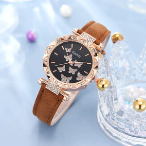 Planet Gates White Set (No Box) 6/1pcs Set Women Watch Ring Necklace Earrings Bracelet Set Watches Butterfly Leather Strap Ladies Quartz WristWatch (No Box)