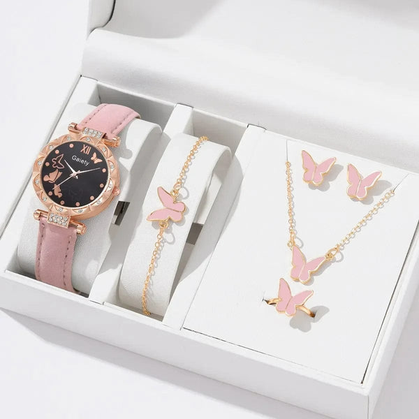 Planet Gates White Set (No Box) 6/1pcs Set Women Watch Ring Necklace Earrings Bracelet Set Watches Butterfly Leather Strap Ladies Quartz WristWatch (No Box)