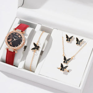 Planet Gates White Set (No Box) 6/1pcs Set Women Watch Ring Necklace Earrings Bracelet Set Watches Butterfly Leather Strap Ladies Quartz WristWatch (No Box)