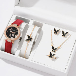 Planet Gates White Set (No Box) 6/1pcs Set Women Watch Ring Necklace Earrings Bracelet Set Watches Butterfly Leather Strap Ladies Quartz WristWatch (No Box)