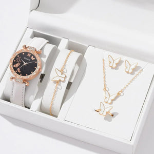 Planet Gates White Set (No Box) 6/1pcs Set Women Watch Ring Necklace Earrings Bracelet Set Watches Butterfly Leather Strap Ladies Quartz WristWatch (No Box)