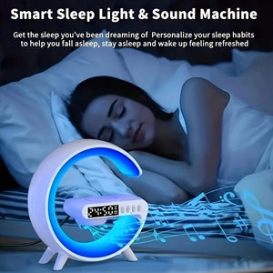 Planet Gates White Smart Charging Speaker With Integrated Music Sound Clock Alarm Clock Wireless Phone Charger Small Night Light Desktop Decoration, Bedside Atmosphere Night Light, Clock Display Function, Multi-Functional Button
