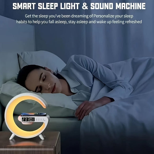 Planet Gates White Smart Charging Speaker With Integrated Music Sound Clock Alarm Clock Wireless Phone Charger Small Night Light Desktop Decoration, Bedside Atmosphere Night Light, Clock Display Function, Multi-Functional Button