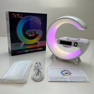 Planet Gates White Smart Charging Speaker With Integrated Music Sound Clock Alarm Clock Wireless Phone Charger Small Night Light Desktop Decoration, Bedside Atmosphere Night Light, Clock Display Function, Multi-Functional Button