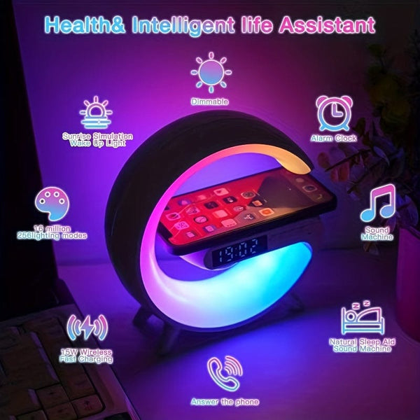 Planet Gates White Smart Charging Speaker With Integrated Music Sound Clock Alarm Clock Wireless Phone Charger Small Night Light Desktop Decoration, Bedside Atmosphere Night Light, Clock Display Function, Multi-Functional Button