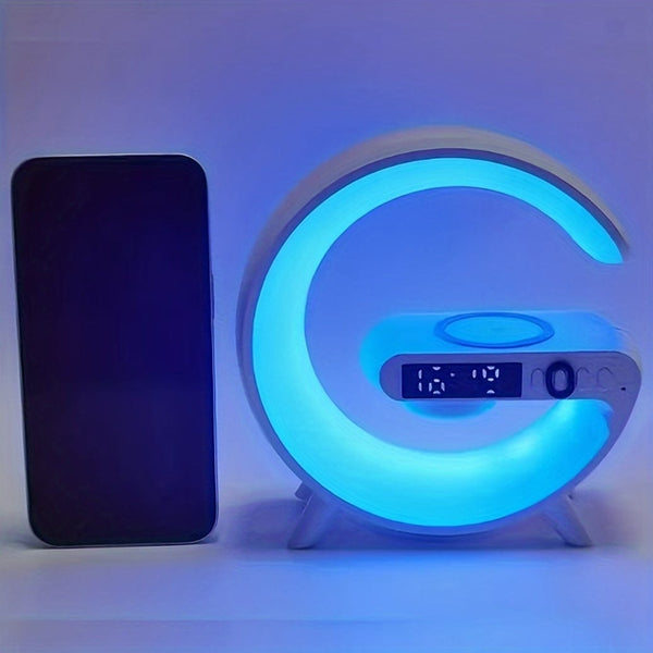 Planet Gates White Smart Charging Speaker With Integrated Music Sound Clock Alarm Clock Wireless Phone Charger Small Night Light Desktop Decoration, Bedside Atmosphere Night Light, Clock Display Function, Multi-Functional Button