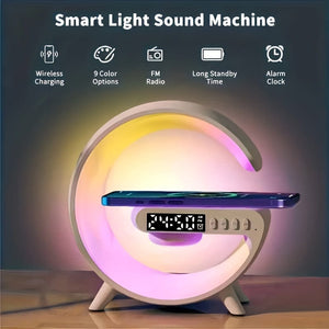 Planet Gates White Smart Charging Speaker With Integrated Music Sound Clock Alarm Clock Wireless Phone Charger Small Night Light Desktop Decoration, Bedside Atmosphere Night Light, Clock Display Function, Multi-Functional Button