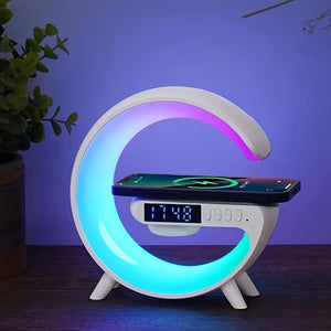 Planet Gates White Smart Charging Speaker With Integrated Music Sound Clock Alarm Clock Wireless Phone Charger Small Night Light Desktop Decoration, Bedside Atmosphere Night Light, Clock Display Function, Multi-Functional Button