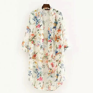 Planet Gates White / XXL Summer Women Chiffon Floral Kimono Beach Cardigan Sheer Cover Up Swimwear Long Blouse Shirts Female Tops