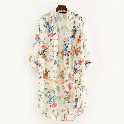 Planet Gates White / XXL Summer Women Chiffon Floral Kimono Beach Cardigan Sheer Cover Up Swimwear Long Blouse Shirts Female Tops
