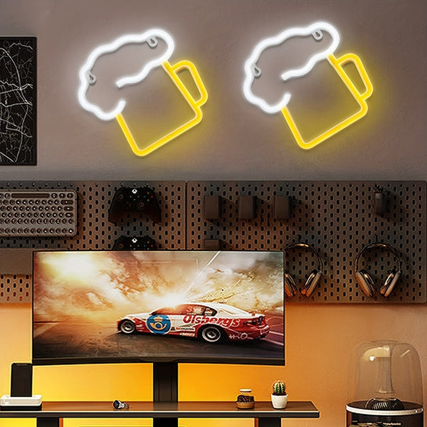 Planet Gates White & Yellow 1pc Neon Beer Signs For Man Cave, Battery Operated& USB Powered, White & Yellow|Beer Mug Light Up Sign, Gift For Husband, LED Wall Art Decor Beer Neon Light, For Garage Patio Home BAR Cafe Pub Nightclub