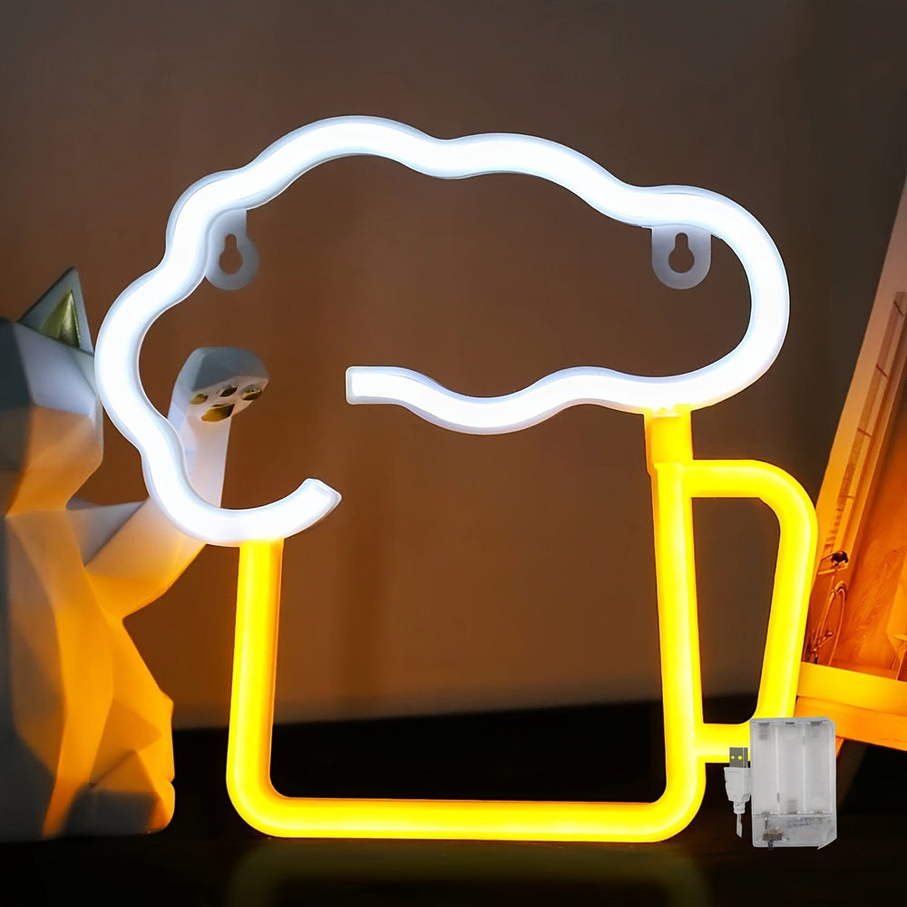 Planet Gates White & Yellow 1pc Neon Beer Signs For Man Cave, Battery Operated& USB Powered, White & Yellow|Beer Mug Light Up Sign, Gift For Husband, LED Wall Art Decor Beer Neon Light, For Garage Patio Home BAR Cafe Pub Nightclub