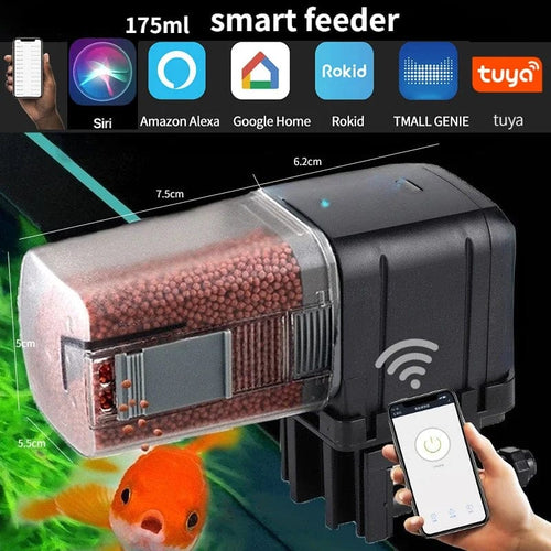 Planet Gates WiFi Black Automatic Aquarium Fish Tank Feeder Timing/Wifi Wireless Smart Phone App Intelligent Speaker Voice Remote Control Fish Feeding