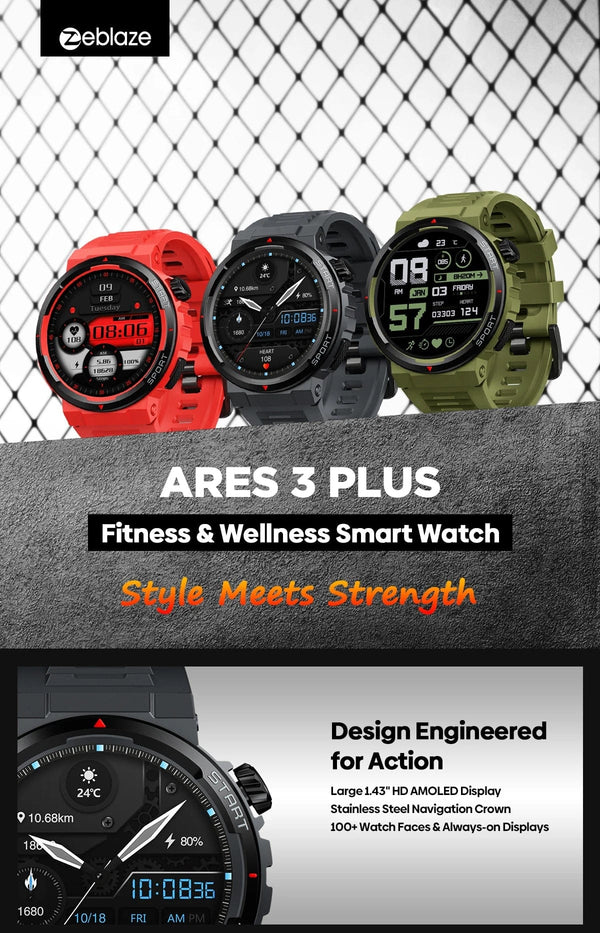 Planet Gates Wild Green New Zeblaze Ares 3 Plus 1.43'' HD AMOLED Display Smartwatch Bluetooth Phone Calling New 3D Interactive Sports Smart Watch Men