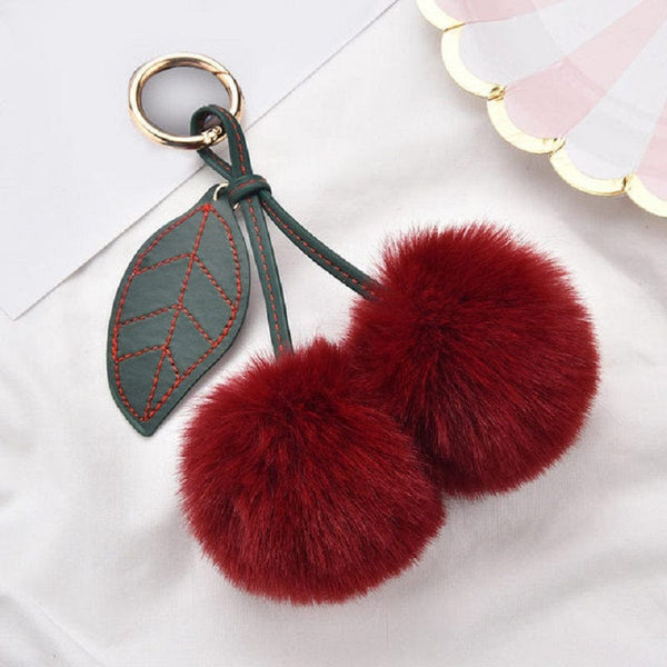 Planet Gates Wine Red Adorable Fluffy Cherry Keychain - A Perfect Accessory for Your Car or Handbag!