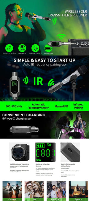 Planet Gates Wireless Microphone Converter XLR Transmitter and Receiver Microphone Wireless System for Dynamic Microphone for wired Mic