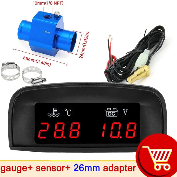 Planet Gates With 26mm adapter 1 / CHINA HD Automobile 2-in-1 LCD Instrument Horizontal Celsius Water Temperature Gauge Voltmeter Red Light Digital Instrument DC 12V~24V