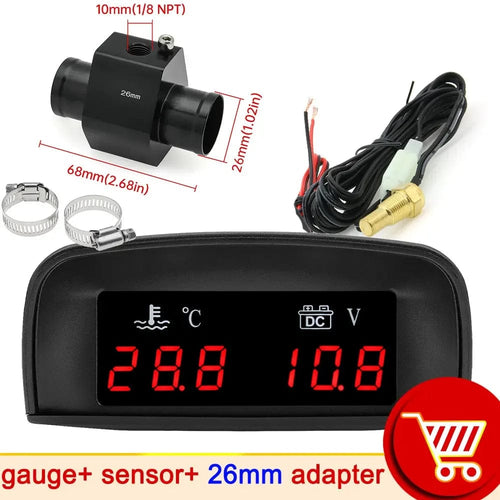 Planet Gates With 26mm adapter / CHINA HD Automobile 2-in-1 LCD Instrument Horizontal Celsius Water Temperature Gauge Voltmeter Red Light Digital Instrument DC 12V~24V